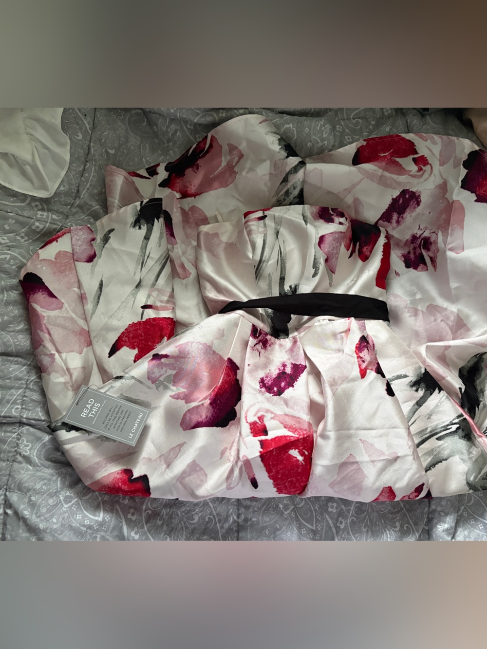 le chateau Pink and Red Floral Satin Robe with Black Trim